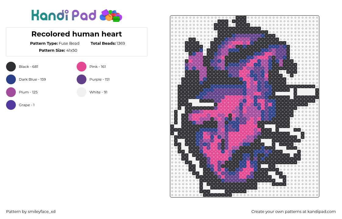 Recolored human heart - Fuse Bead Pattern by smileyface_xd on Kandi Pad - black,pink,human heart,skeleton hand,purple,blue,fuse bead