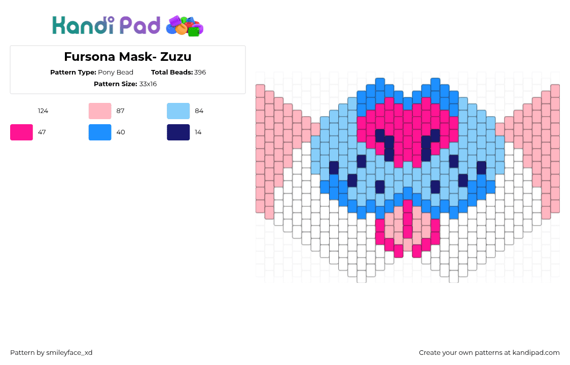 Fursona Mask- Zuzu - Pony Bead Pattern by smileyface_xd on Kandi Pad - pink,light blue,fursona,furry,mask,kandi,blue