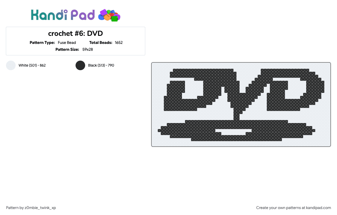 crochet #6: DVD - Fuse Bead Pattern by z0mbifide on Kandi Pad - black, white