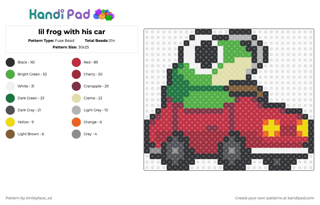 lil frog with his car - Fuse Bead Pattern by z0mbie_twink_xp on Kandi Pad - red,green