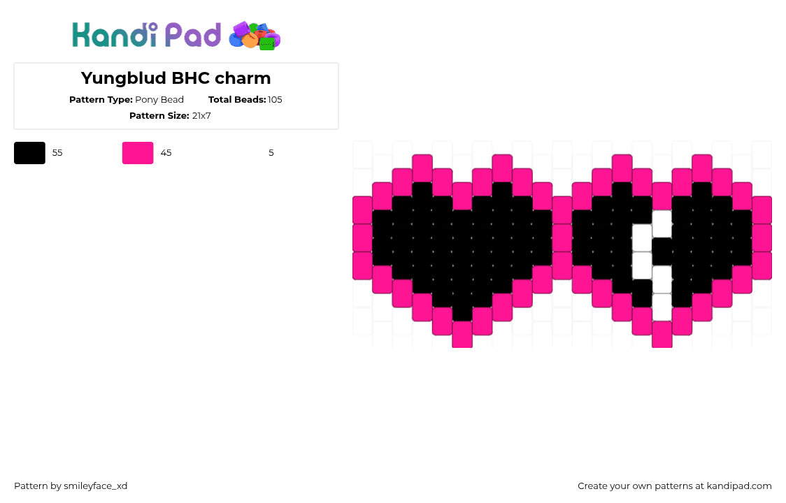 Yungblud BHC charm - Pony Bead Pattern by smileyface_xd on Kandi Pad - yungblud,black heart club,punk,scece,music,hearts,charm,black,pink