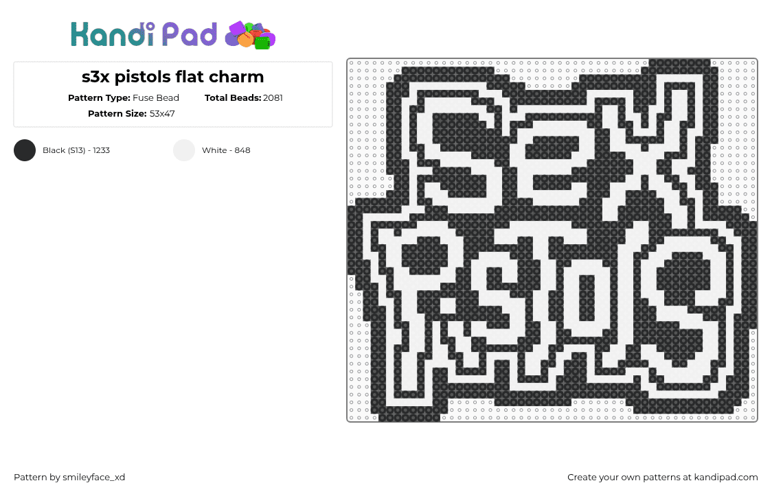 s3x pistols flat charm - Fuse Bead Pattern by smileyface_xd on Kandi Pad - sex pistols,punk,logo,band,music,black,white