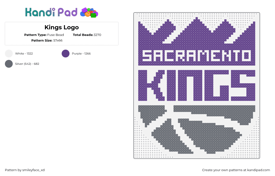 Kings Logo - Fuse Bead Pattern by smileyface_xd on Kandi Pad - purple,gray,sacramento kings,basketball,sports,logo