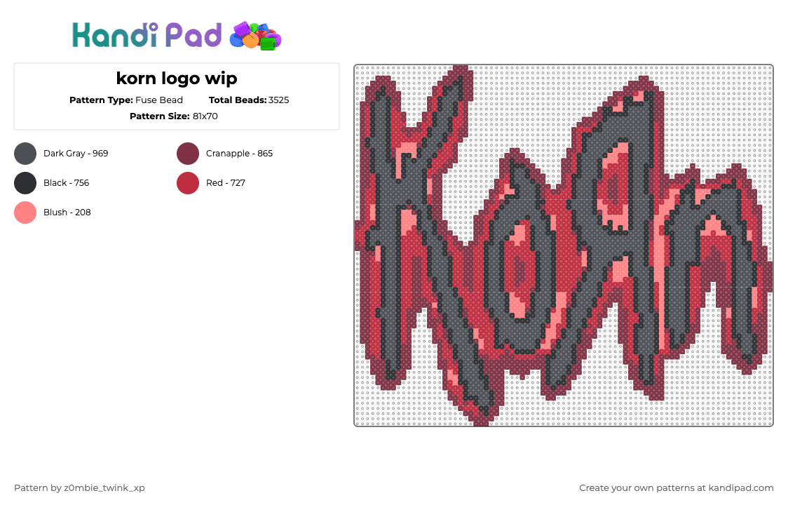 korn logo - Fuse Bead Pattern by z0mbie_twink_xp on Kandi Pad - red,gray