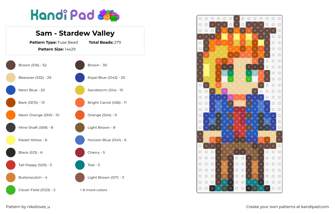 Sam - Stardew Valley - Fuse Bead Pattern by niksiloves_u on Kandi Pad - sam,stardew valley,character,video game,orange,tan,blue