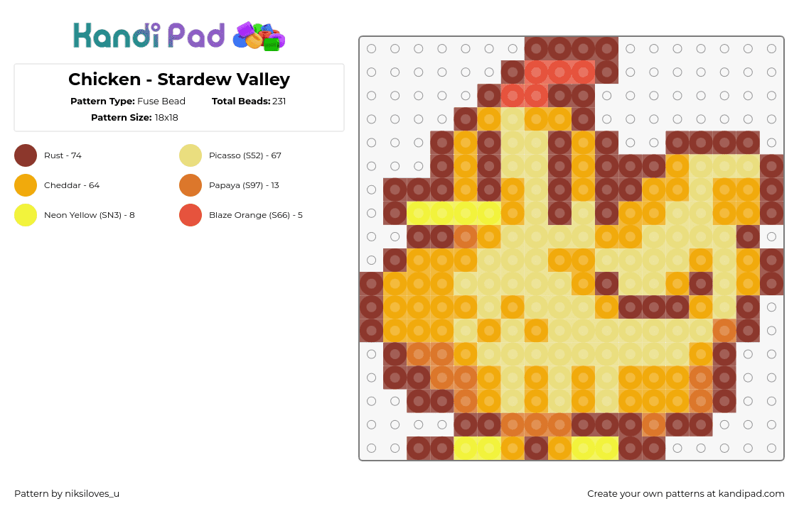 Chicken - Stardew Valley - Fuse Bead Pattern by niksiloves_u on Kandi Pad - chicken,stardew valley,bird,animal,video game,orange,yellow