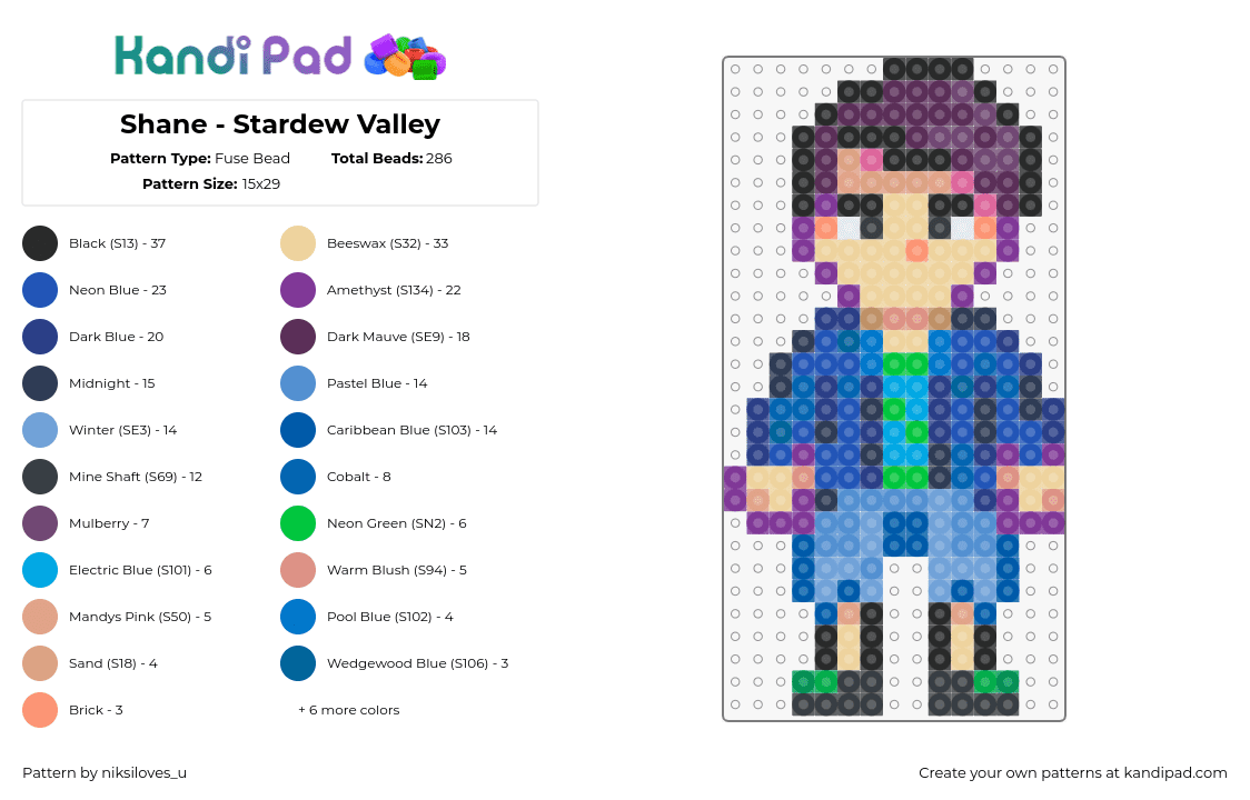 Shane - Stardew Valley - Fuse Bead Pattern by niksiloves_u on Kandi Pad - shane,stardew valley,character,video game,beige,purple,blue