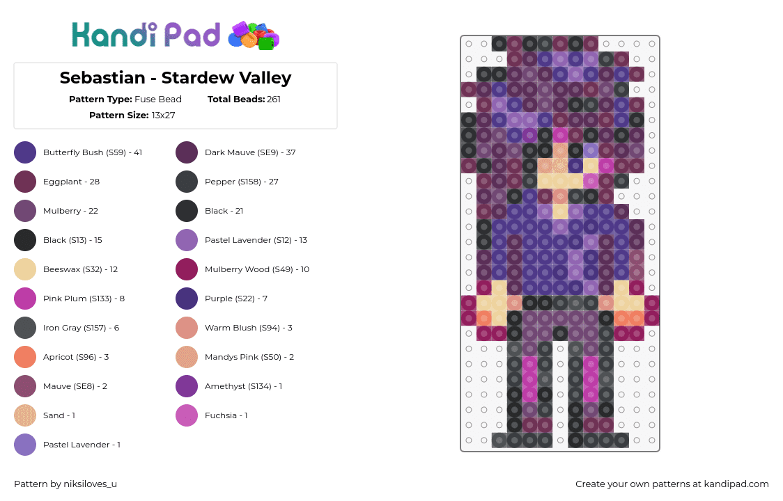 Sebastian - Stardew Valley - Fuse Bead Pattern by niksiloves_u on Kandi Pad - sebastian,stardew valley,character,video game,purple