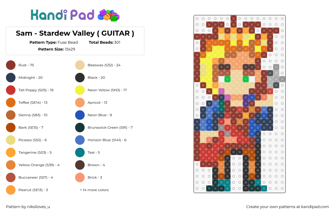 Sam - Stardew Valley ( GUITAR ) - Fuse Bead Pattern by niksiloves_u on Kandi Pad - sam,stardew valley,guitar,character,video game,beige,orange,red,blue