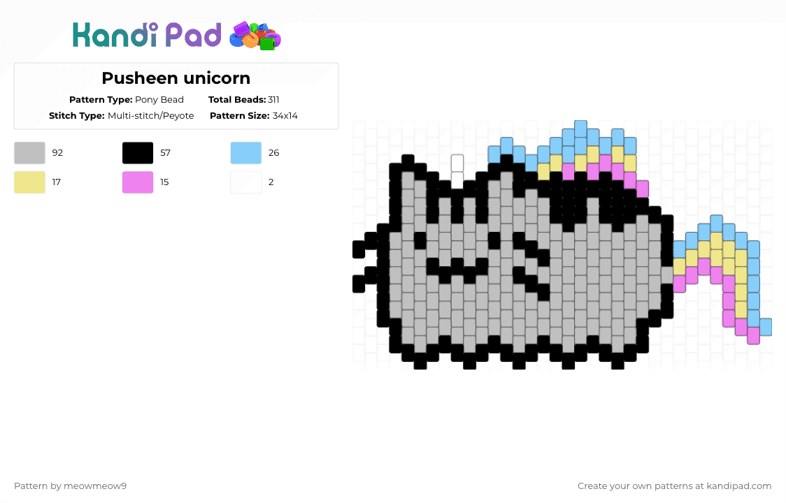 Pusheen unicorn - Pony Bead Pattern by meowmeow9 on Kandi Pad - beige,pusheen,unicorn,meow,charm,cute,kitty,cat