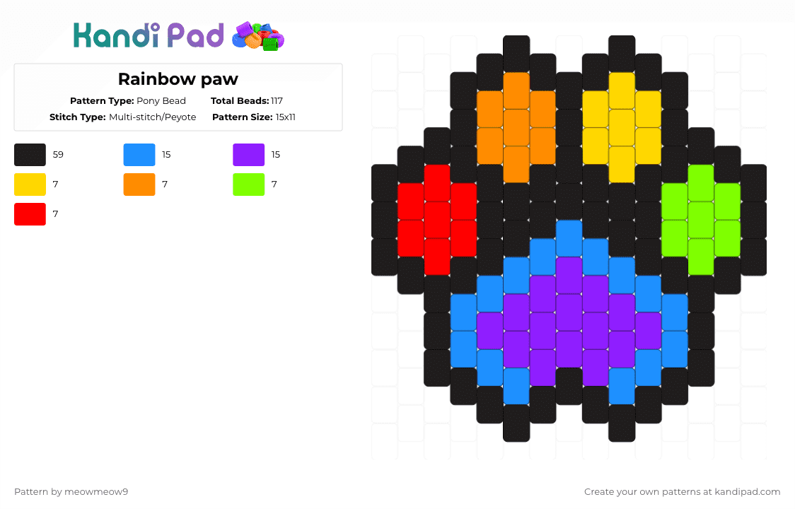 Rainbow paw - Pony Bead Pattern by meowmeow9 on Kandi Pad - paw,charm,rainbow,animal,dog,cat,colorful,black,light blue,purple