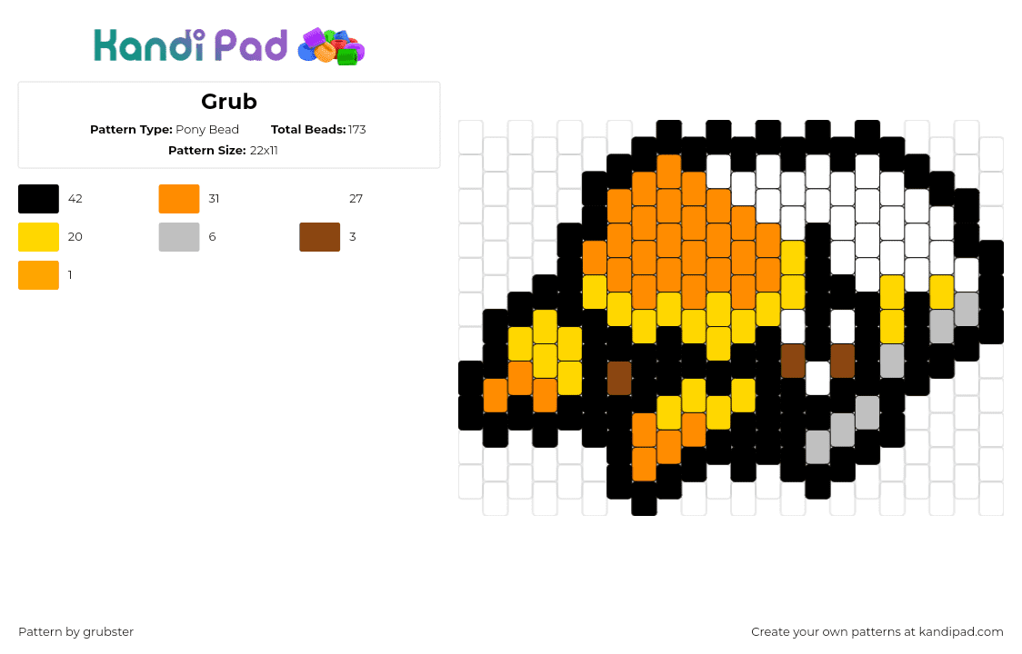 Grub - Pony Bead Pattern by grubster on Kandi Pad - grubbin,pokemon,character,gaming,shell,orange,yellow,white