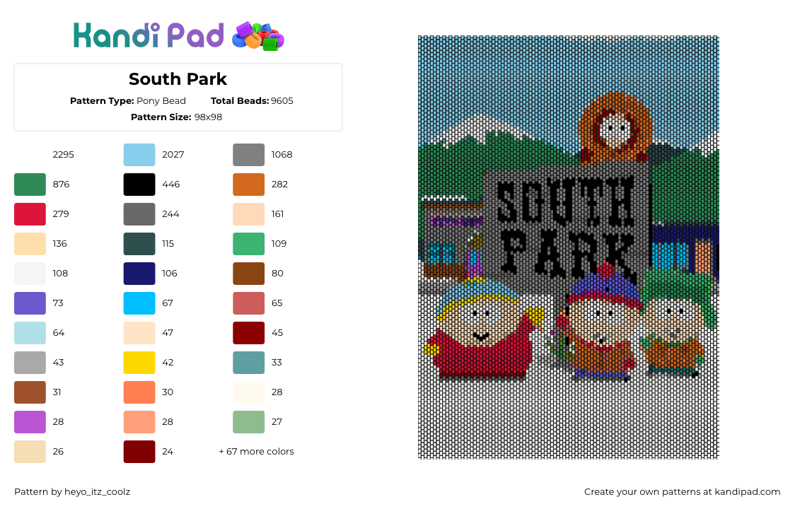 South Park - Pony Bead Pattern by heyo_itz_coolz on Kandi Pad - south park,sign,tapestry,panel,animation,tv show,cartman,kyle,kenny,stan,green,orange,white,light blue