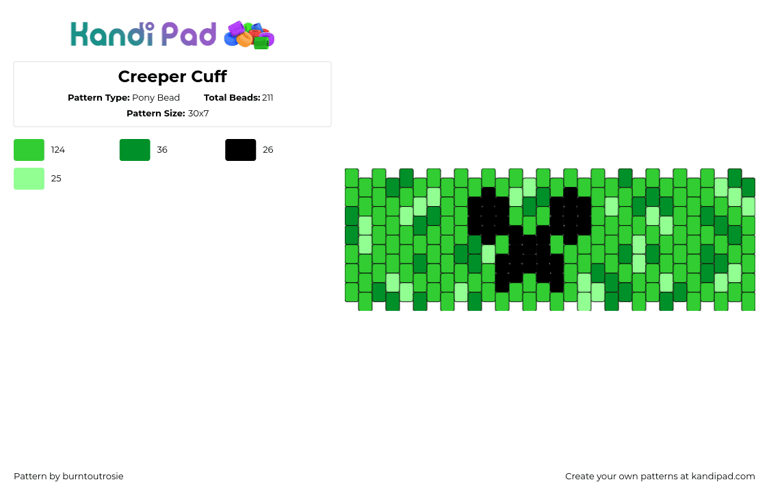 Creeper Cuff - Pony Bead Pattern by deleted_user_619182 on Kandi Pad - creeper,minecraft,face,video game,cuff,green,black