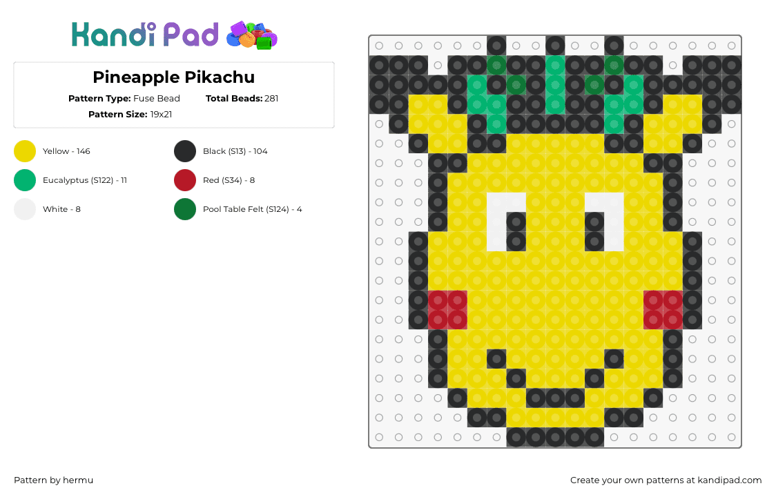 Pineapple Pikachu - Fuse Bead Pattern by hermu on Kandi Pad - pikachu,pineapple,pokemon,mashup,fruit,smile,gaming,yellow