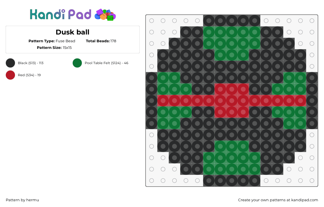 Dusk ball - Fuse Bead Pattern by hermu on Kandi Pad - dusk ball,pokeball,pokemon,gaming,black,green,red