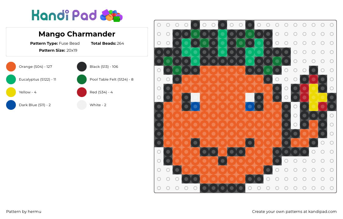 Mango Charmander - Fuse Bead Pattern by hermu on Kandi Pad - charmander,mango,pokemon,gaming,fruit,character,mashup,cute,smile,orange,green