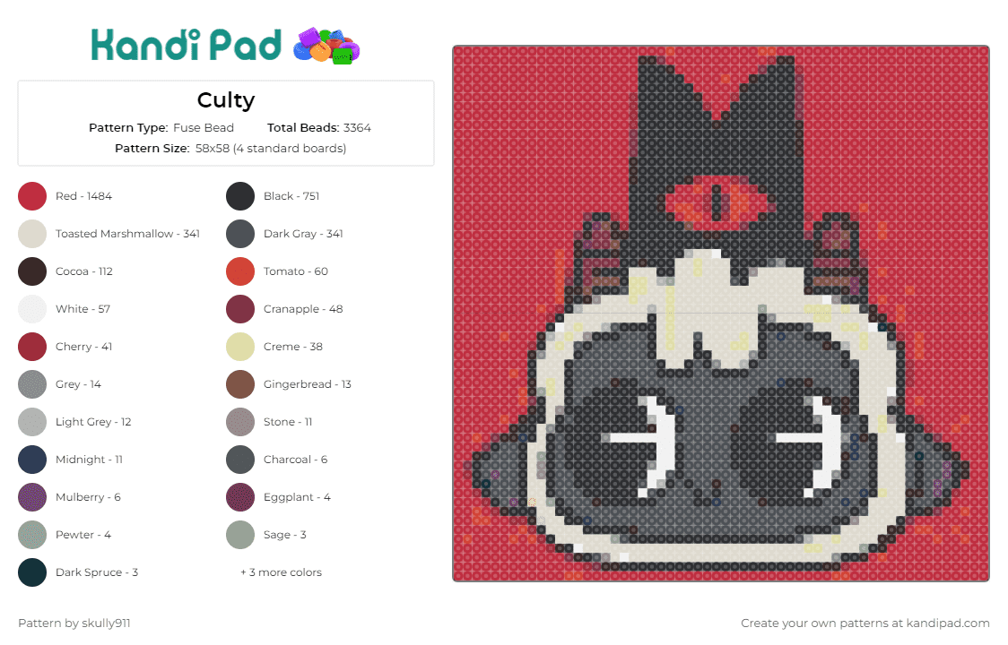 Culty - Fuse Bead Pattern by skully911 on Kandi Pad - cult of the lamb,sheep,video game,antagonist,gaming,iconic,mascot,red,gray,beige