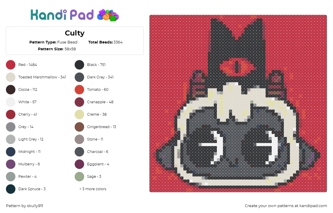 Culty - Fuse Bead Pattern by skully911 on Kandi Pad - cult of the lamb,sheep,video game,antagonist,gaming,mascot,red,gray,beige