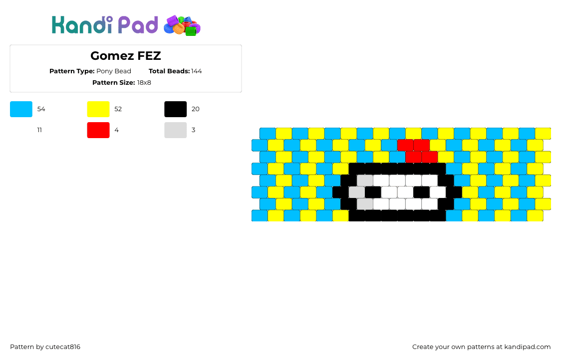 Gomez FEZ - Pony Bead Pattern by cutecat816 on Kandi Pad - gomez,fez,vertical,stripes,video game,cuff,light blue,yellow,white