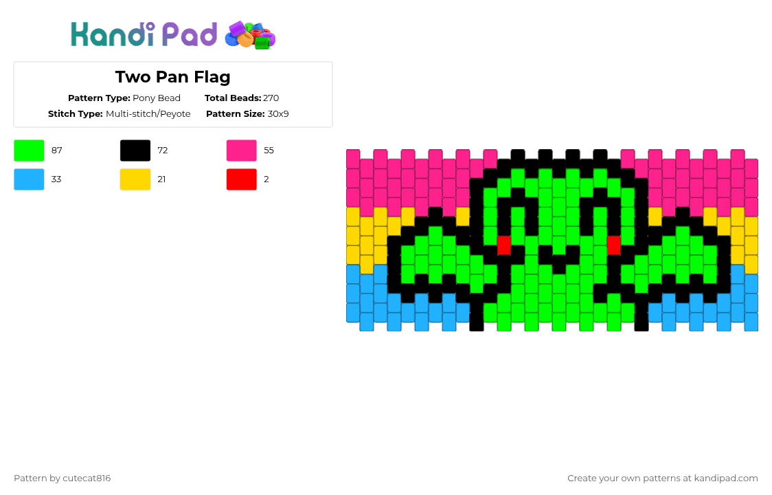 Two Pan Flag - Pony Bead Pattern by cutecat816 on Kandi Pad - green,pink,tpot,two,pride,bfdi,pansexual