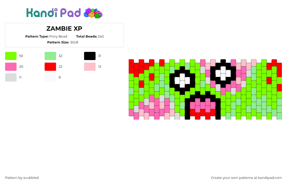 ZAMBIE XP - Pony Bead Pattern by scubbled on Kandi Pad - zombie,undead,face,cuff,brains,halloween,horror,spooky,holiday,green
