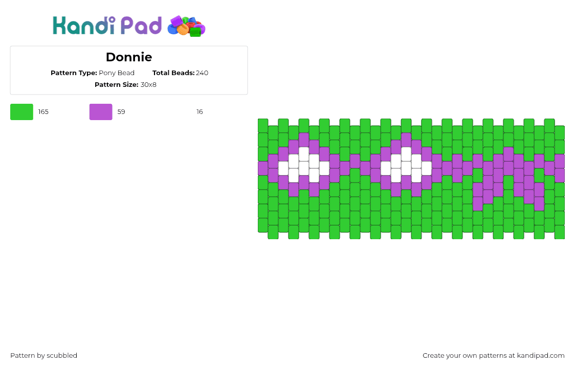 Donnie - Pony Bead Pattern by scubbled on Kandi Pad - donatello,tmnt,teenage mutant ninja turtles,face,cuff,comic,green,purple