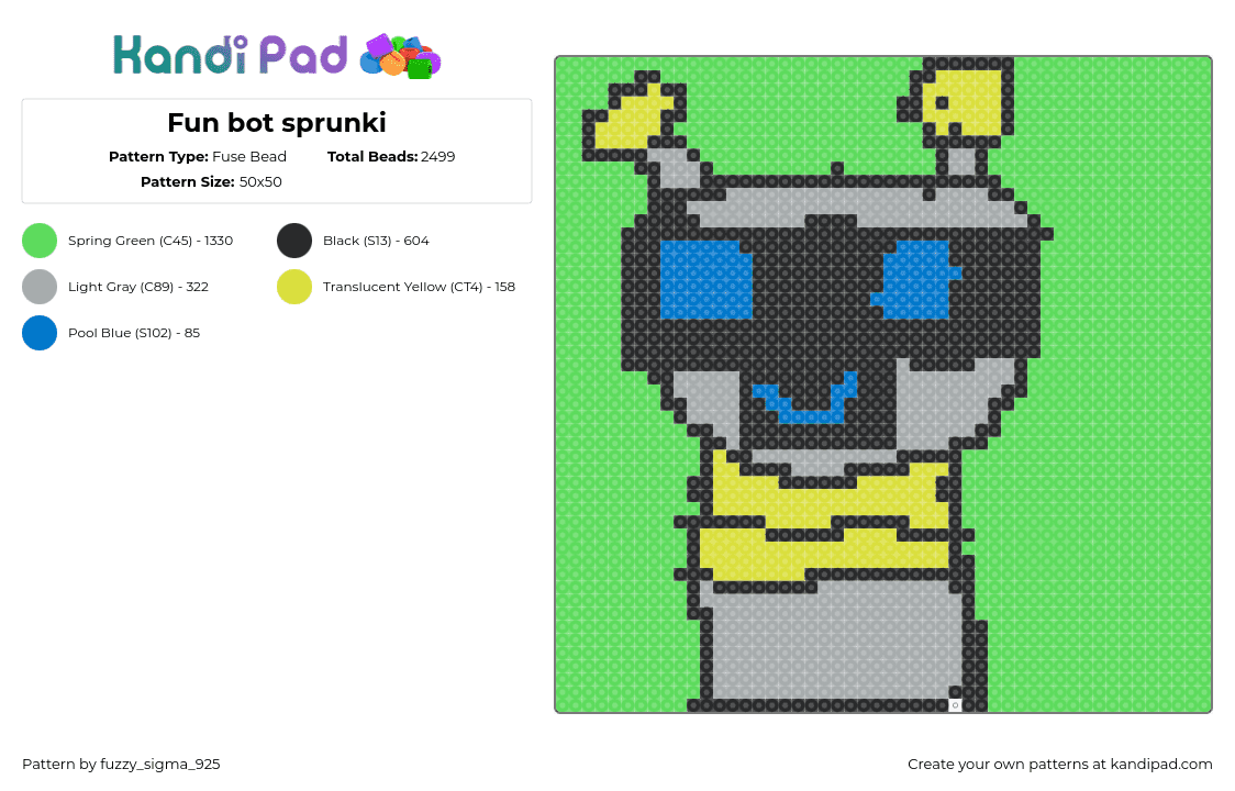 Fun bot sprunki - Fuse Bead Pattern by fuzzy_sigma_925 on Kandi Pad - fun bot,sprunki,incredibox,character,video game,gray,yellow,green