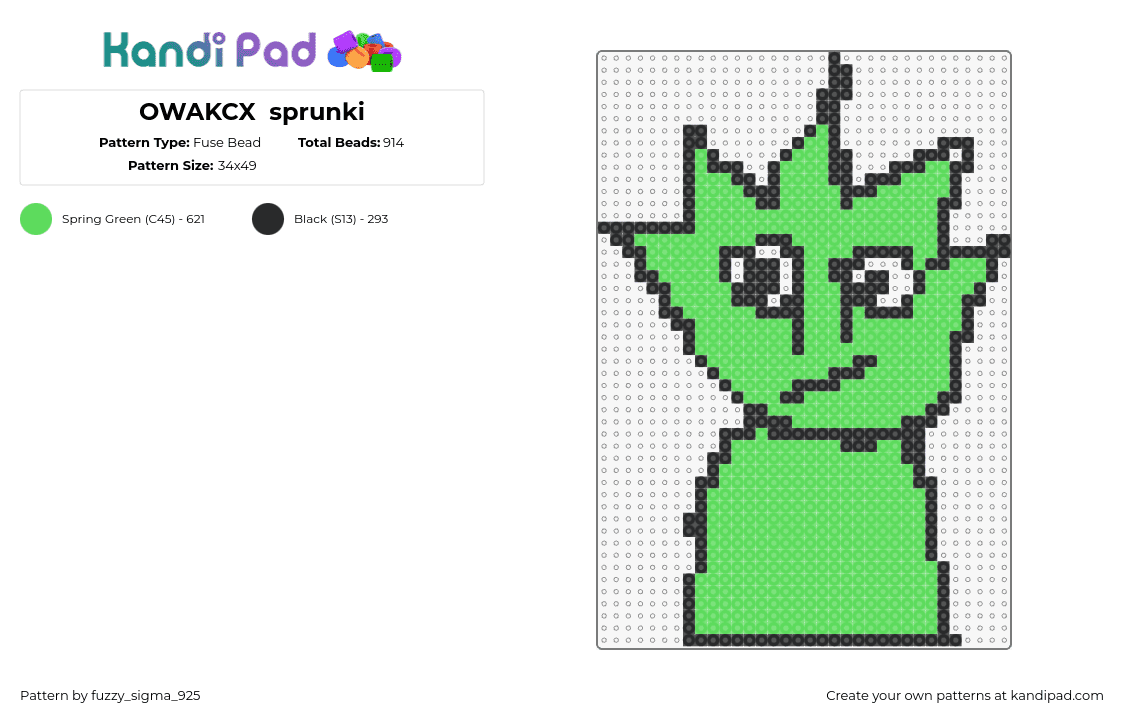 OWAKCX  sprunki - Fuse Bead Pattern by fuzzy_sigma_925 on Kandi Pad - owakcx,lime,sprunki,incredibox,character,video game,green