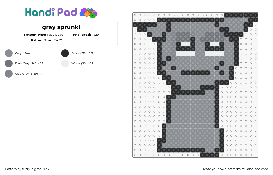 gray sprunki - Fuse Bead Pattern by fuzzy_sigma_925 on Kandi Pad - sprunki,incredibox,character,video game,gray