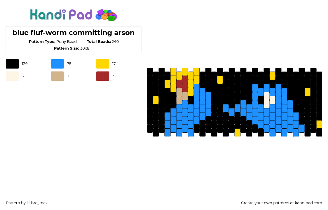 blue fluf-worm committing arson - Pony Bead Pattern by lil-bro_max on Kandi Pad - squirmle,worm,fire,dark,cuff,black,blue,yellow