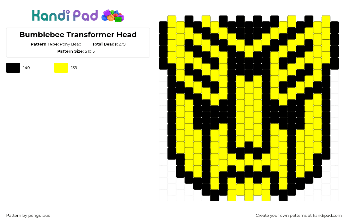 Bumblebee Transformer Head - Pony Bead Pattern by penguious on Kandi Pad - bumblebee,transformers,autobots,head,logo,charm,robot,yellow,black