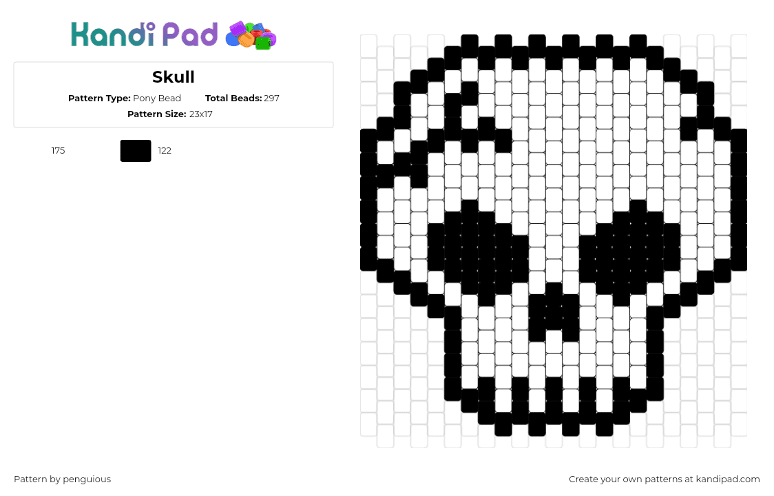 Skull - Pony Bead Pattern by penguious on Kandi Pad - skull,skeleton,spooky,halloween,black,white