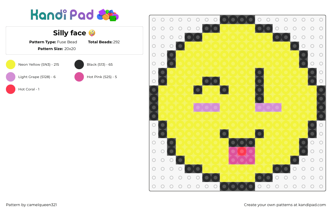 Silly face 🤪 - Fuse Bead Pattern by camelqueen321 on Kandi Pad - emoji,smiley,wink,tongue,face,cute,yellow