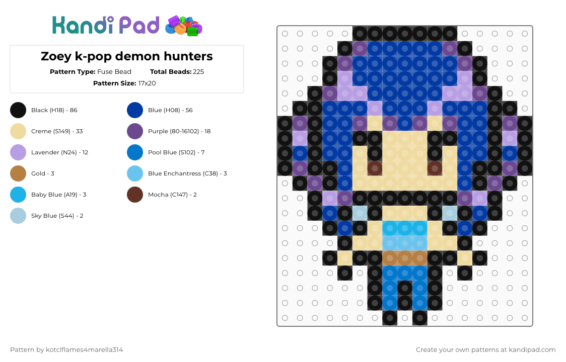 Zoey k-pop demon hunters - Fuse Bead Pattern by ur_local_adhd_weird_gay_kid on Kandi Pad - beige,purple,blue,cotdsymmetry,kpdh,zoey,vibes,love