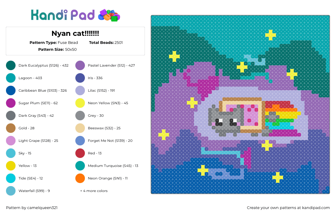 Nyan cat!!!!!!! - Fuse Bead Pattern by camelqueen321 on Kandi Pad - nyan cat,sky,meme,poptart,colorful,panel,green,pink,purple