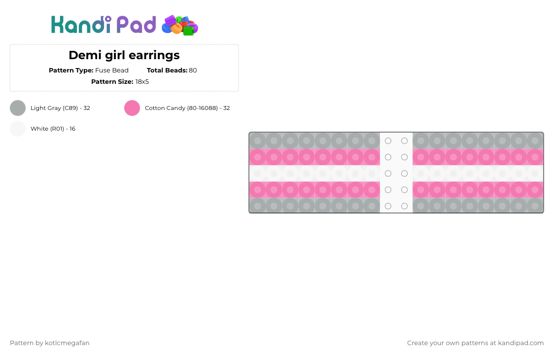 Demi girl earrings - Fuse Bead Pattern by ur_local_adhd_weird_gay_kid on Kandi Pad - gray,pink,pride,demigirl,lgbtqia,flag