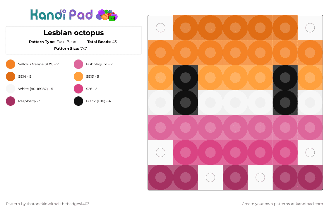 Lesbian octopus - Fuse Bead Pattern by ur_local_adhd_weird_gay_kid on Kandi Pad - orange,pink,lesbian,pride,lgbtqia,octopus