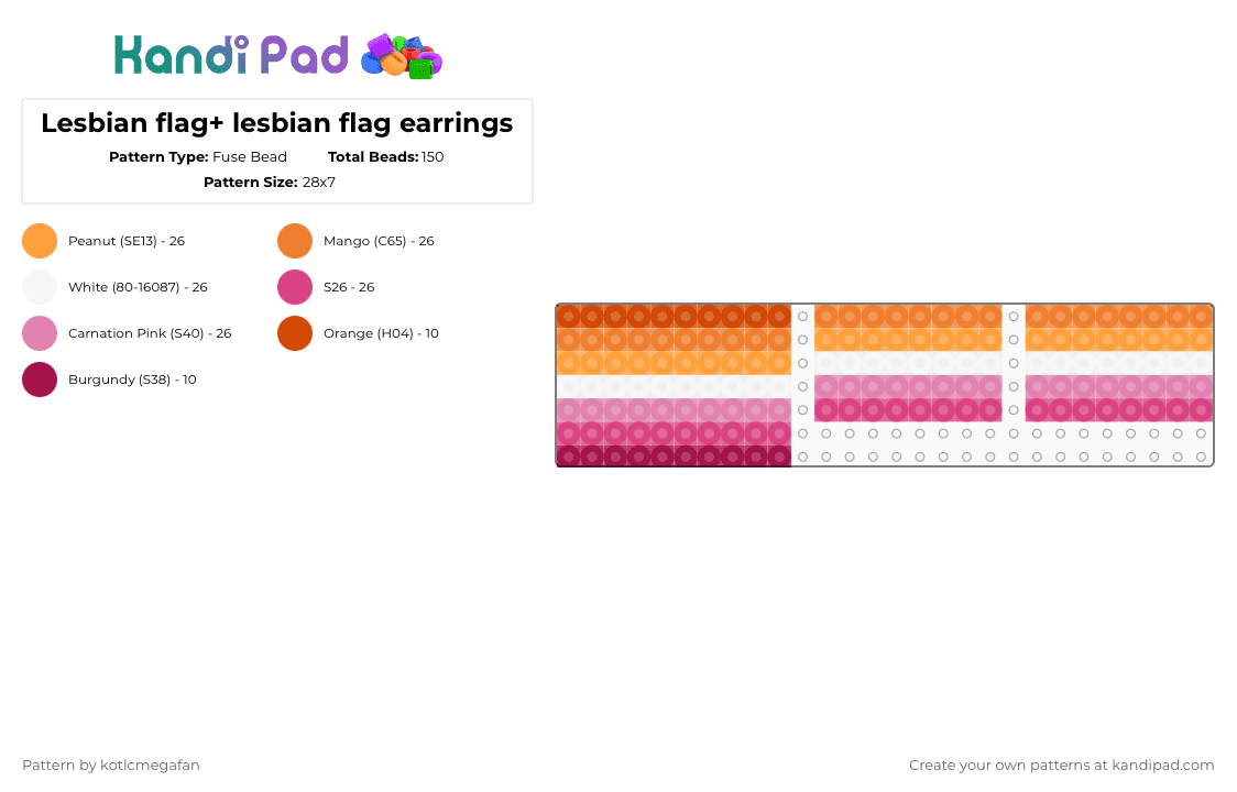 Lesbian flag+ lesbian flag earrings - Fuse Bead Pattern by ur_local_adhd_weird_gay_kid on Kandi Pad - orange, pink