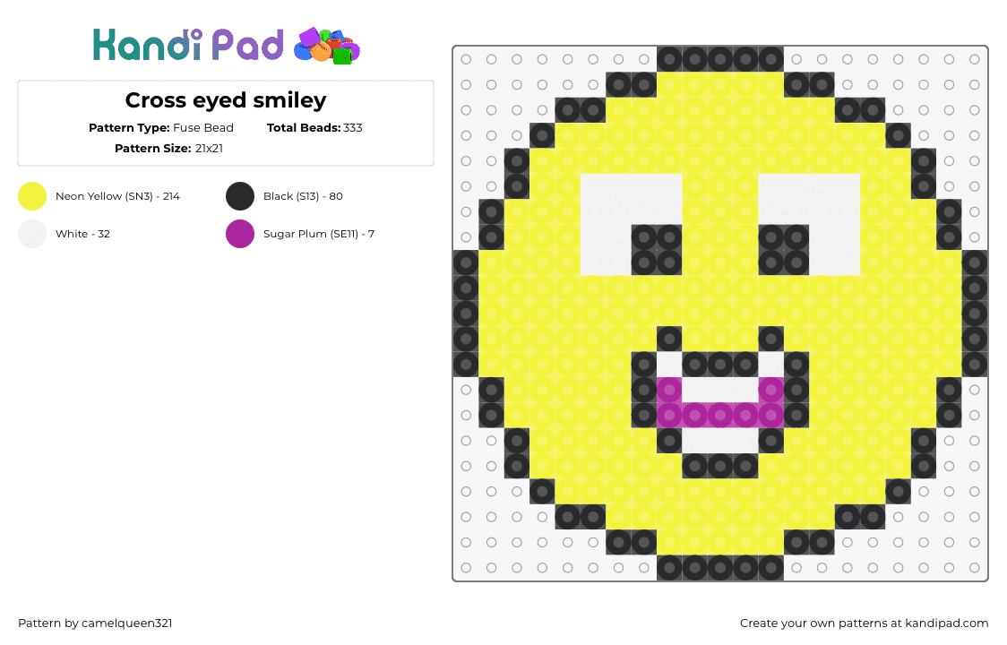 Cross eyed smiley - Fuse Bead Pattern by camelqueen321 on Kandi Pad - emoji,smiley,face,charm,silly,yellow