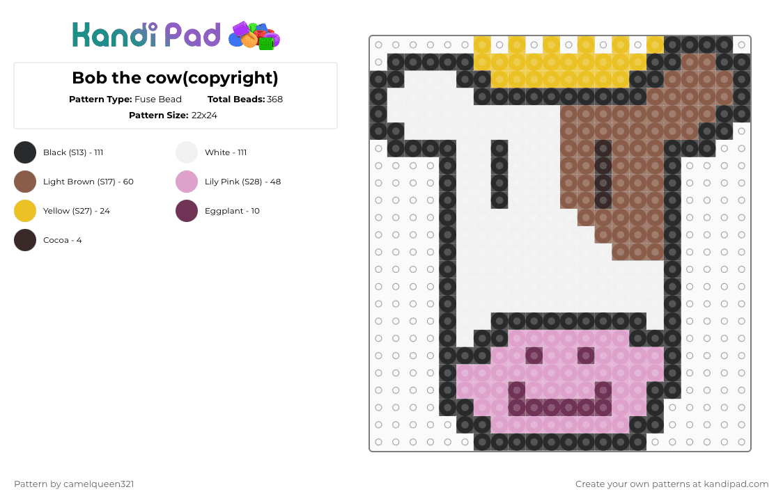 Bob the cow(copyright) - Fuse Bead Pattern by ur_local_adhd_weird_gay_kid on Kandi Pad - pink,tan