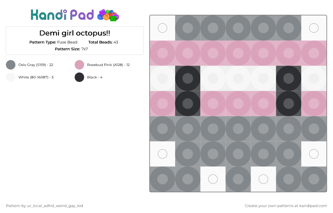 Demi girl octopus!! - Fuse Bead Pattern by ur_local_adhd_weird_gay_kid on Kandi Pad - gray,pink