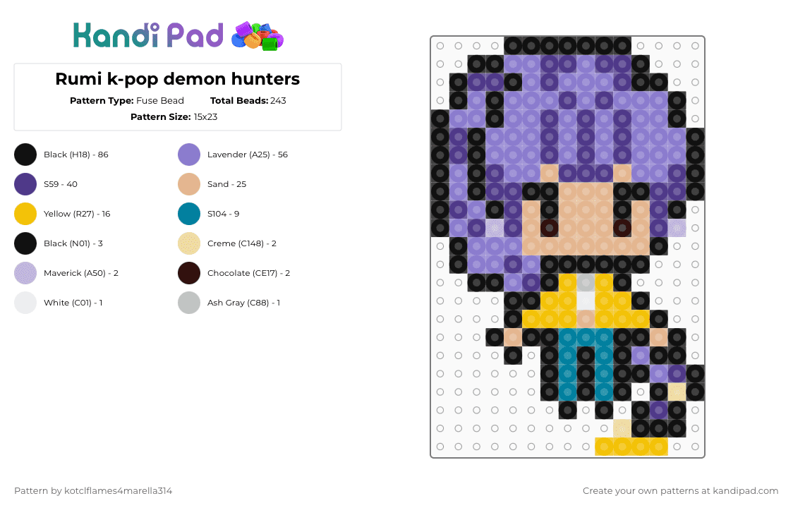 Rumi k-pop demon hunters - Fuse Bead Pattern by ur_local_adhd_weird_gay_kid on Kandi Pad - beige,purple,blue