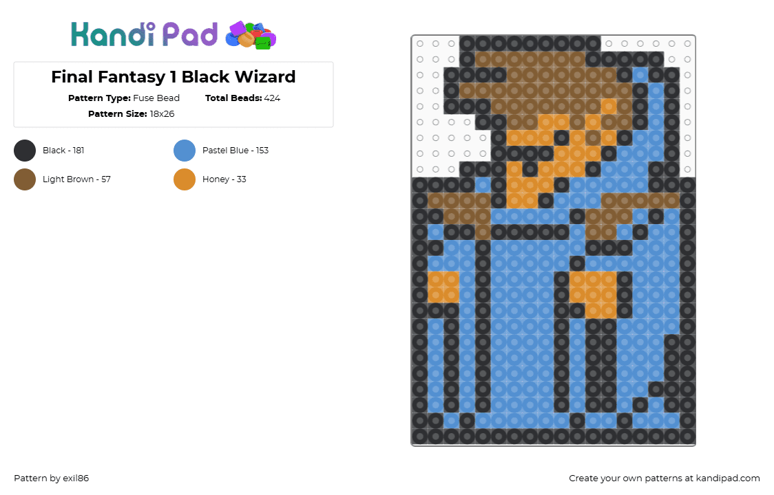 Final Fantasy 1 Black Wizard - Fuse Bead Pattern by exil86 on Kandi Pad - wizard,final fantasy,magic,character,video game,blue,tan