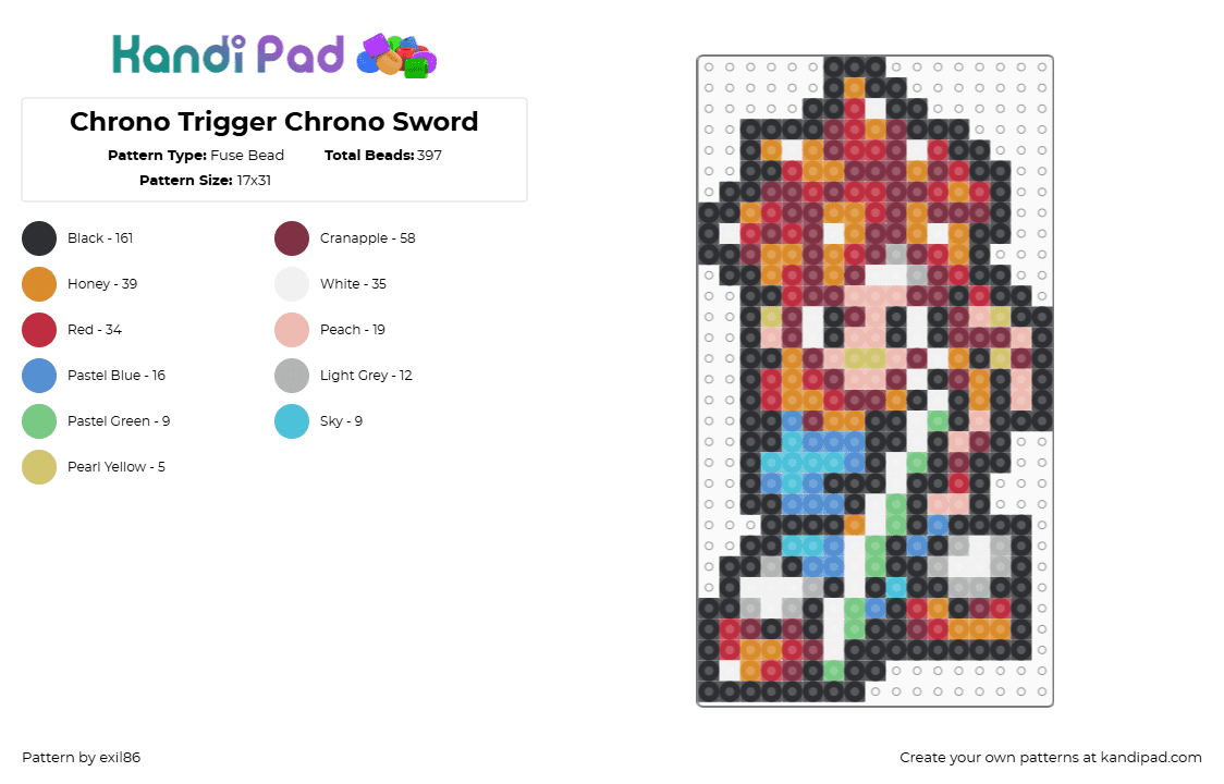 Chrono Trigger Chrono Sword - Fuse Bead Pattern by exil86 on Kandi Pad - crono,chrono trigger,sword,character,video game,sprite,orange