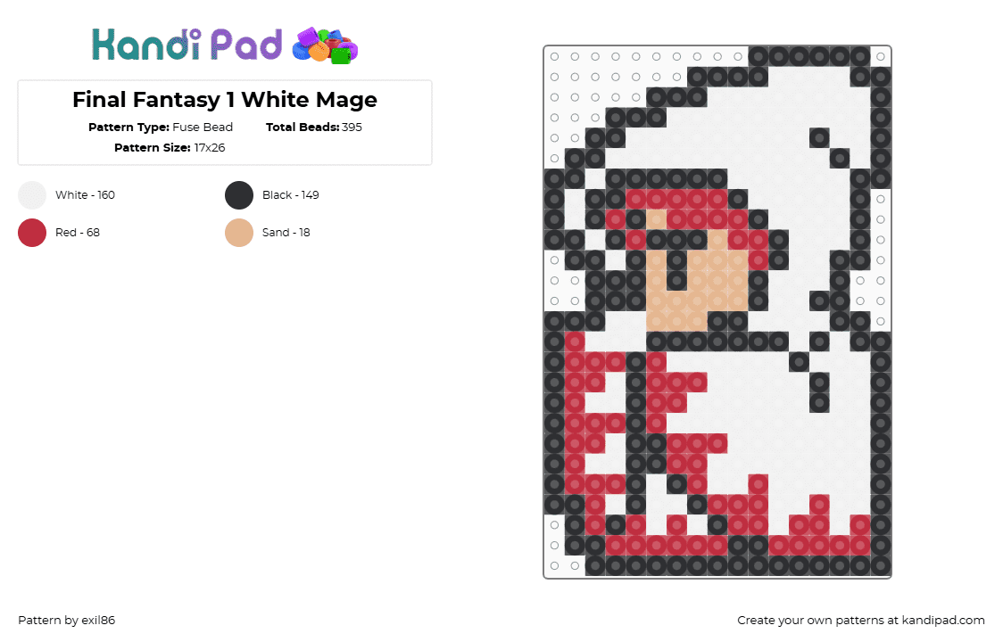 Final Fantasy 1 White Mage - Fuse Bead Pattern by exil86 on Kandi Pad - mage,final fantasy,wizard,magic,video game,character,cloak,white,red