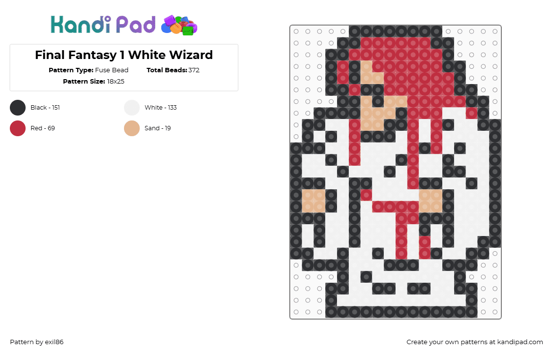 Final Fantasy 1 White Wizard - Fuse Bead Pattern by exil86 on Kandi Pad - wizard,final fantasy,magic,character,video game,white,red