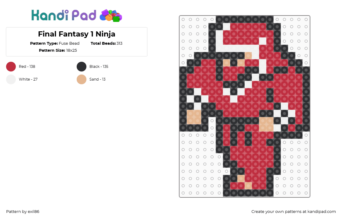 Final Fantasy 1 Ninja - Fuse Bead Pattern by exil86 on Kandi Pad - ninja,final fantasy,karate,video game,character,red