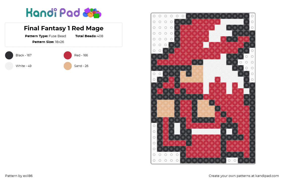 Final Fantasy 1 Red Mage - Fuse Bead Pattern by exil86 on Kandi Pad - mage,final fantasy,wizard,magic,video game,character,red