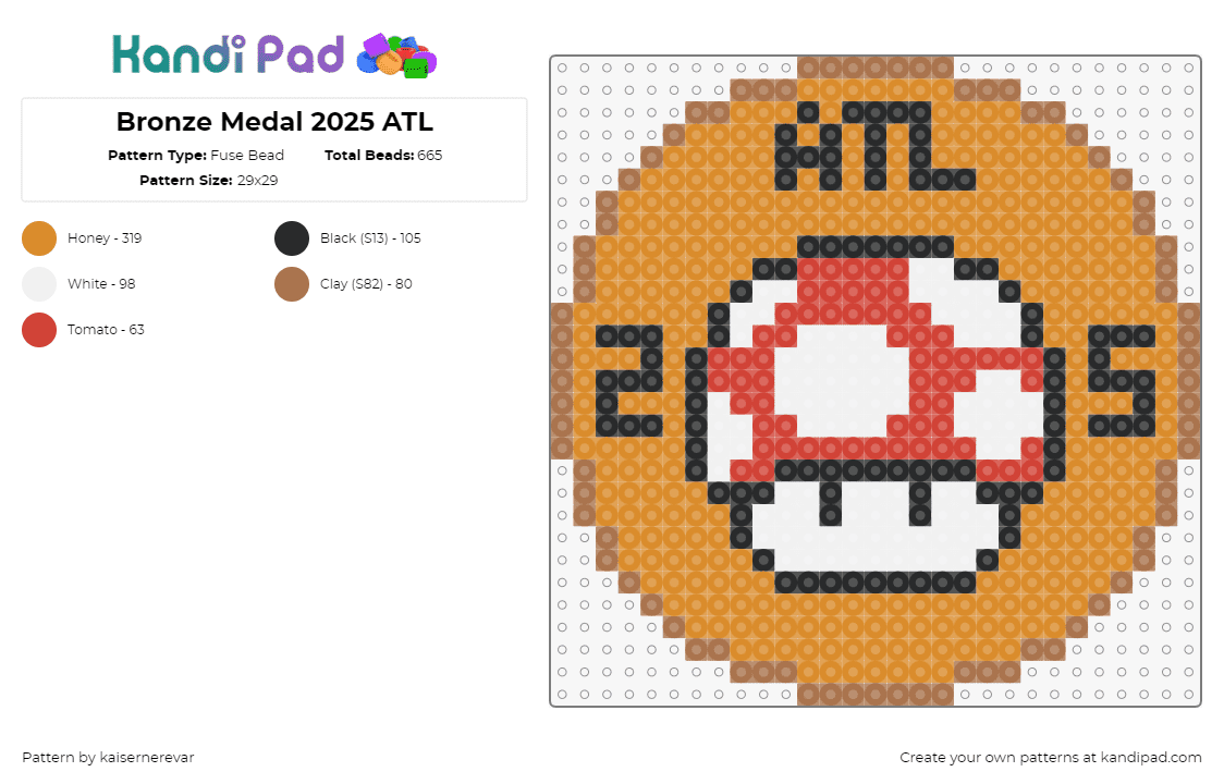 Bronze Medal 2025 ATL - Fuse Bead Pattern by kaisernerevar on Kandi Pad - medal,bronze,mushroom,mario,nintendo,video game,tan,red,white